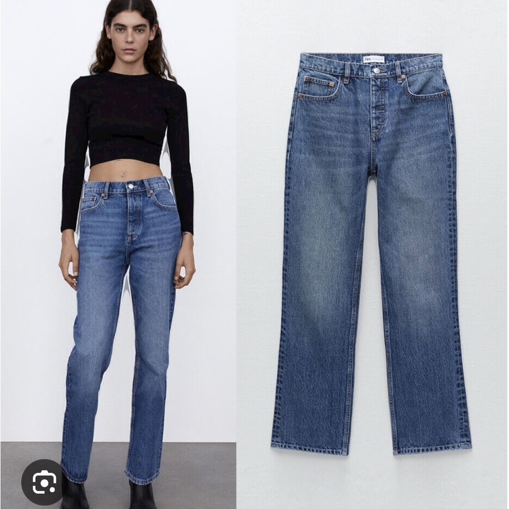Zara Women's Blue Hi-Rise Straight Leg Jeans